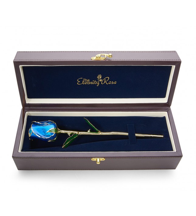 Blue Tight Bud Glazed Rose Trimmed with 24K Gold