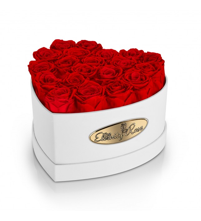 20 Preserved Red Roses. Heart Display Box in White 