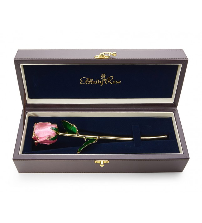 Pink Tight Bud Glazed Rose Trimmed with 24K Gold
