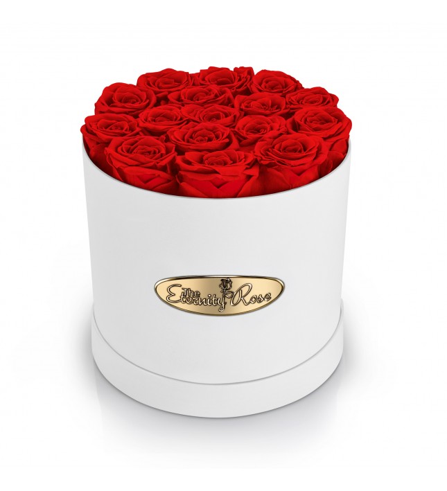 16 Preserved Roses. Round White Display Box 