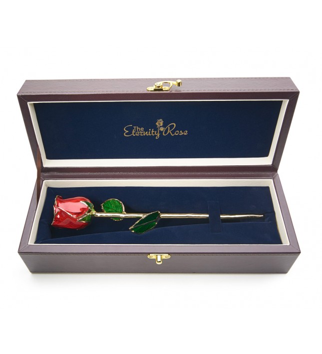 Red Tight Bud Glazed Rose Trimmed with 24K Gold 