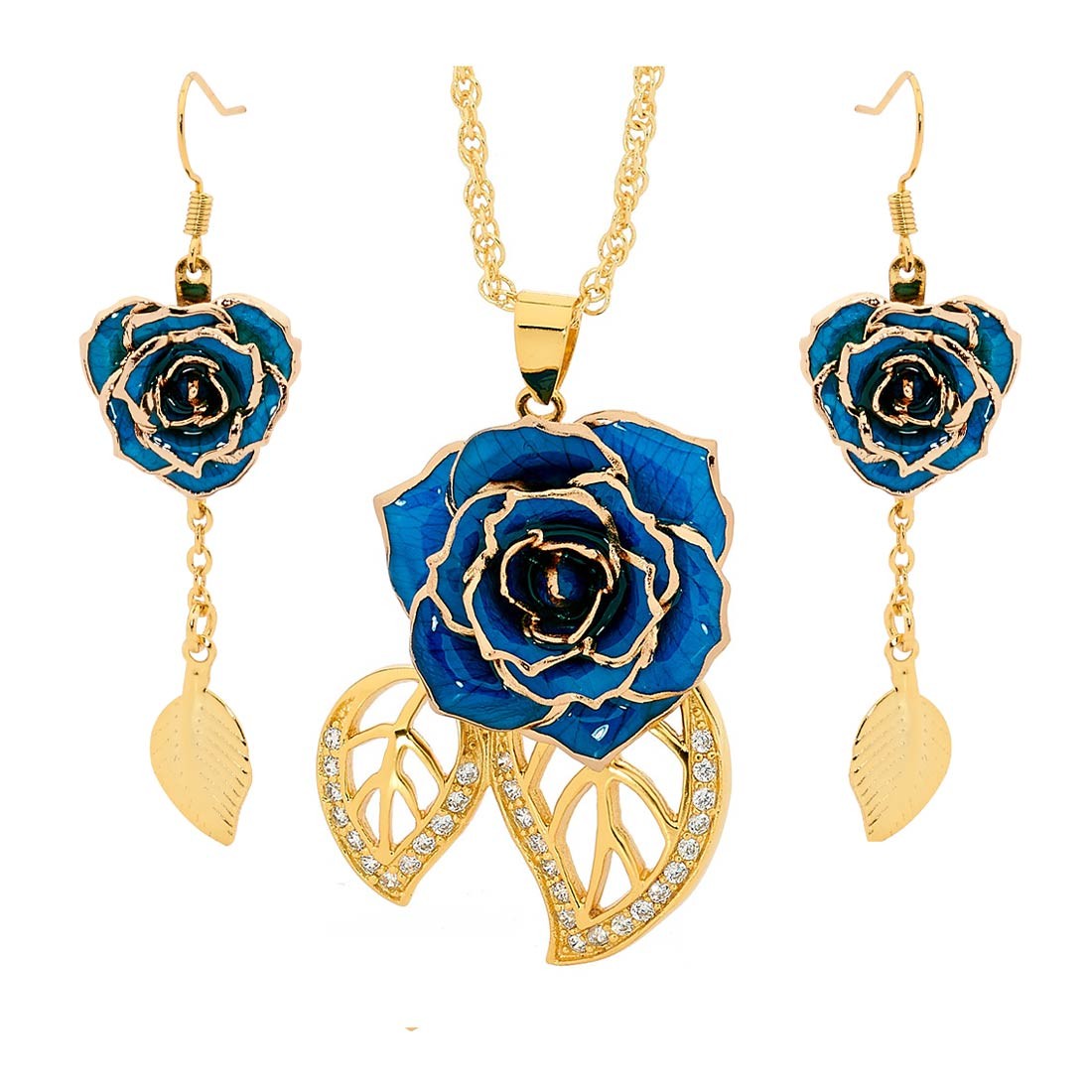 Blue Matching Pendant and Earring Set Leaf Theme 24K Gold