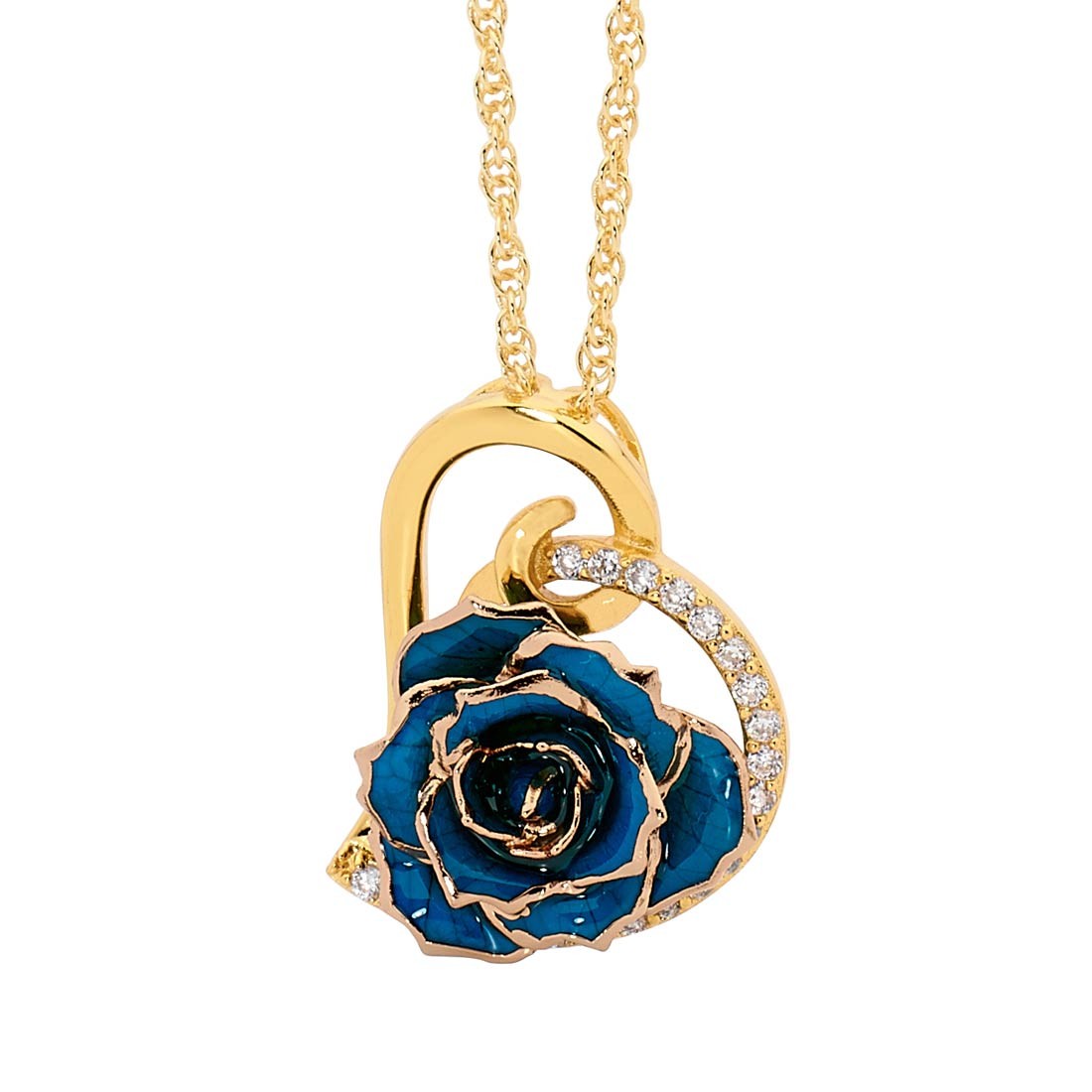 Blue Matched Set in 24K Gold Heart Theme. Glazed Rose Pendant