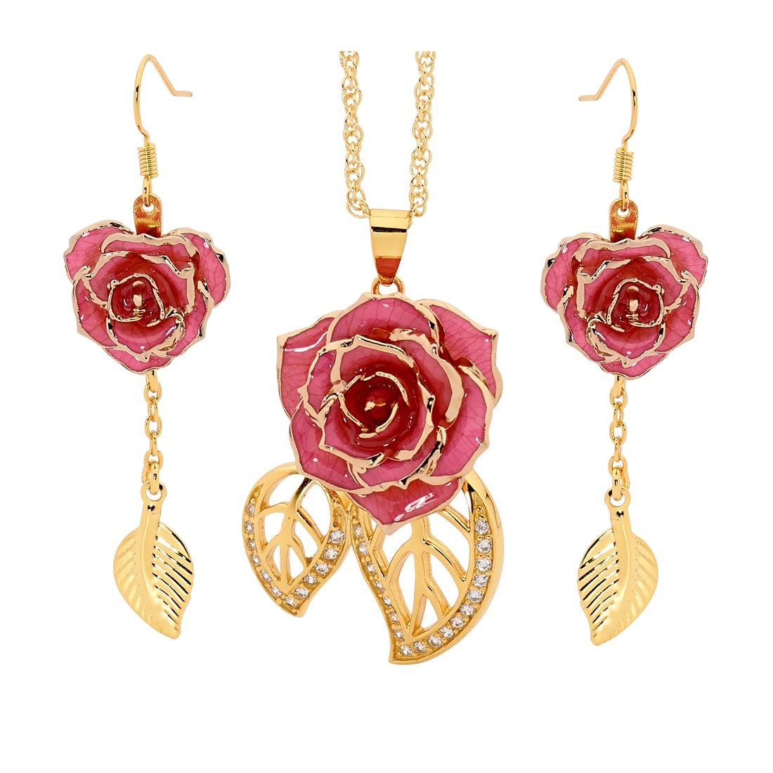Gold Dipped Rose Pink Matched Jewellery Set in Leaf Theme
