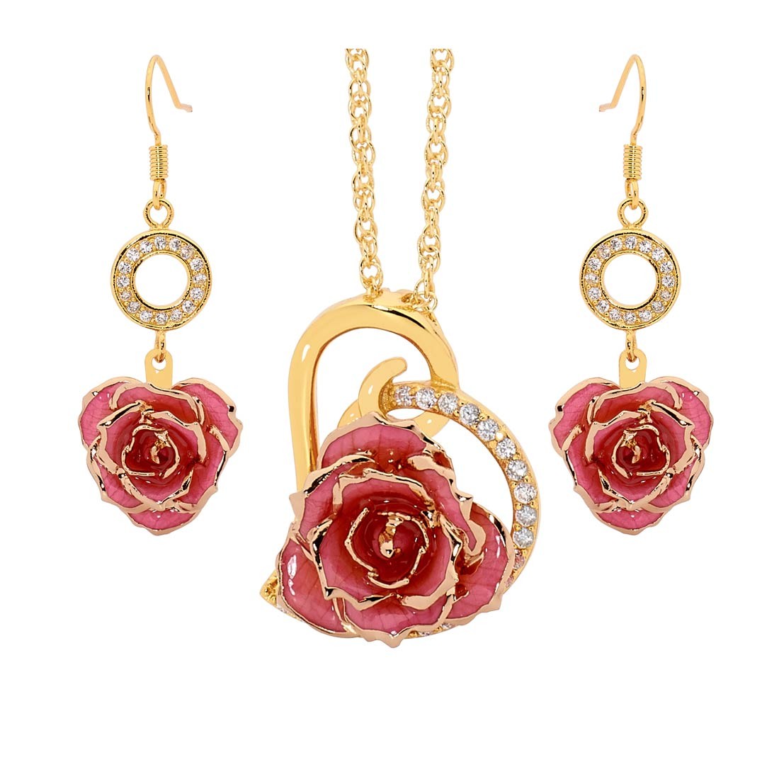 Pink Matching Pendant and Earring Set - Heart Theme 24K Gold