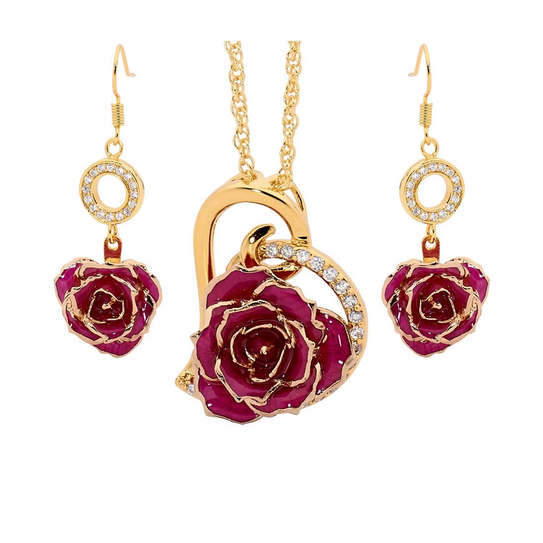 Purple Matched Set in 24K Gold Heart Theme. Glazed Rose Pendant & Earrings