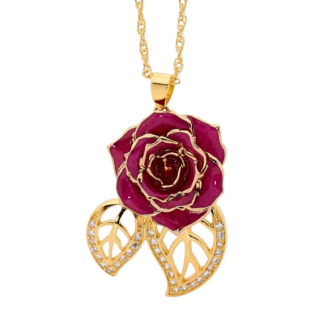 Purple Glazed Rose Pendant in Leaf Theme 24K Gold