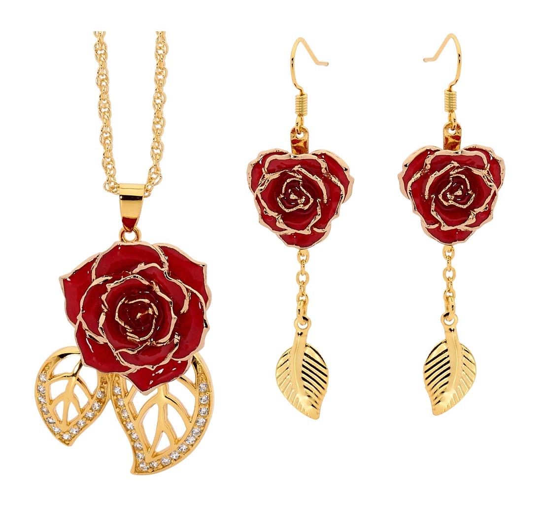 Red Matching Pendant and Earring Set Leaf Theme 24K Gold