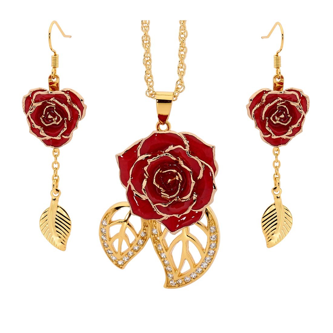 Red Matched Set in 24K Gold Leaf Theme. Glazed Rose Pendant Earrings