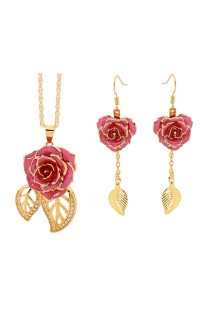 Pink Leaf Theme Pendant and Earring Set