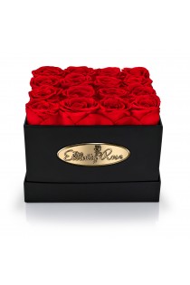 16 Preserved Red Roses. Square Black Display Box 