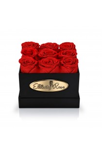 9 Preserved Red Roses. Square Black Display Box 