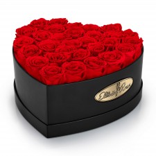 30 Preserved Red Roses. Heart Display Box in Black 