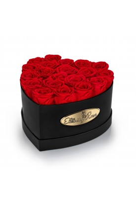 20 Preserved Red Roses. Heart Display Box in Black 