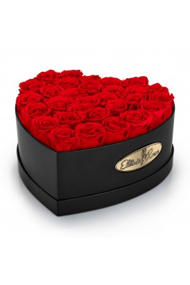 30 Preserved Red Roses. Heart Display Box in Black 