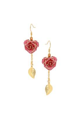 Pink Glazed Rose Earrings in 24K Gold Leaf Style