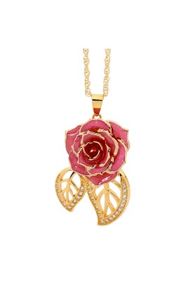 Pink Glazed Rose Pendant in 24K Gold Leaf Theme