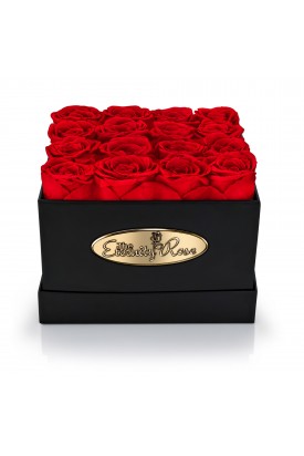 16 Preserved Red Roses. Square Black Display Box 