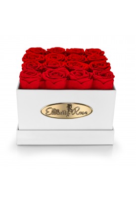 16 Preserved Red Roses. Square White Display Box 