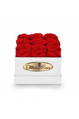 9 Preserved Red Roses. Square White Display Box 